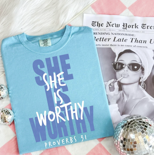 Light blue She Is Worthy t-shirt with Proverbs 31 design – Christian women’s graphic tee
Christian faith-based tee with bold typography “She Is Worthy”
Inspirational women’s t-shirt for Bible study, church, and everyday wear