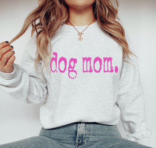 Gray graphic tee with pink “dog mom.” text – $15 dog lover t-shirt