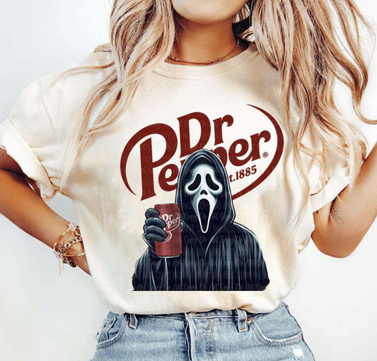 "Ghostface Dr Pepper funny horror movie t-shirt"
"Scream Ghostface soda mashup tee with Dr Pepper graphic"
"Funny Halloween soda lover unisex t-shirt"