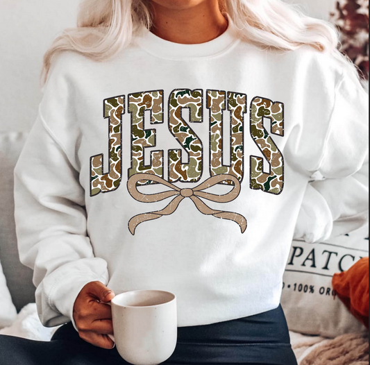 Jesus Camo Print Sweatshirt with Bow – White Christian Faith-Based Crewneck