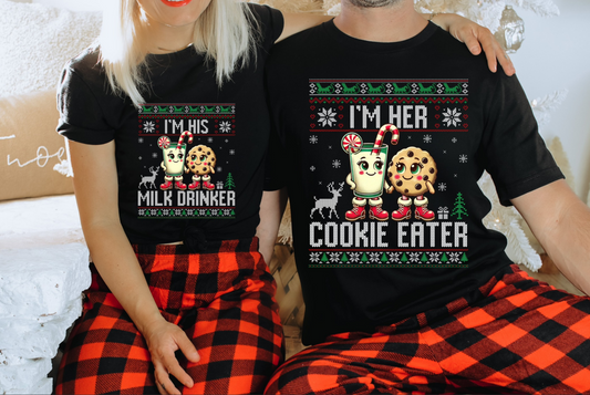 Couple wearing matching Milk Drinker and Cookie Eater Christmas tees
Funny holiday couples shirts in black with festive graphics
Matching Christmas pajama tops for him and her