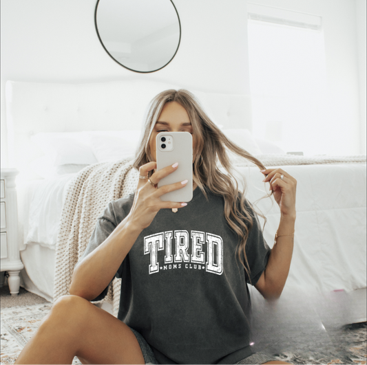 Tired Mom’s Club Graphic Tee – Funny Mom Life Shirt -$15 Tee Line