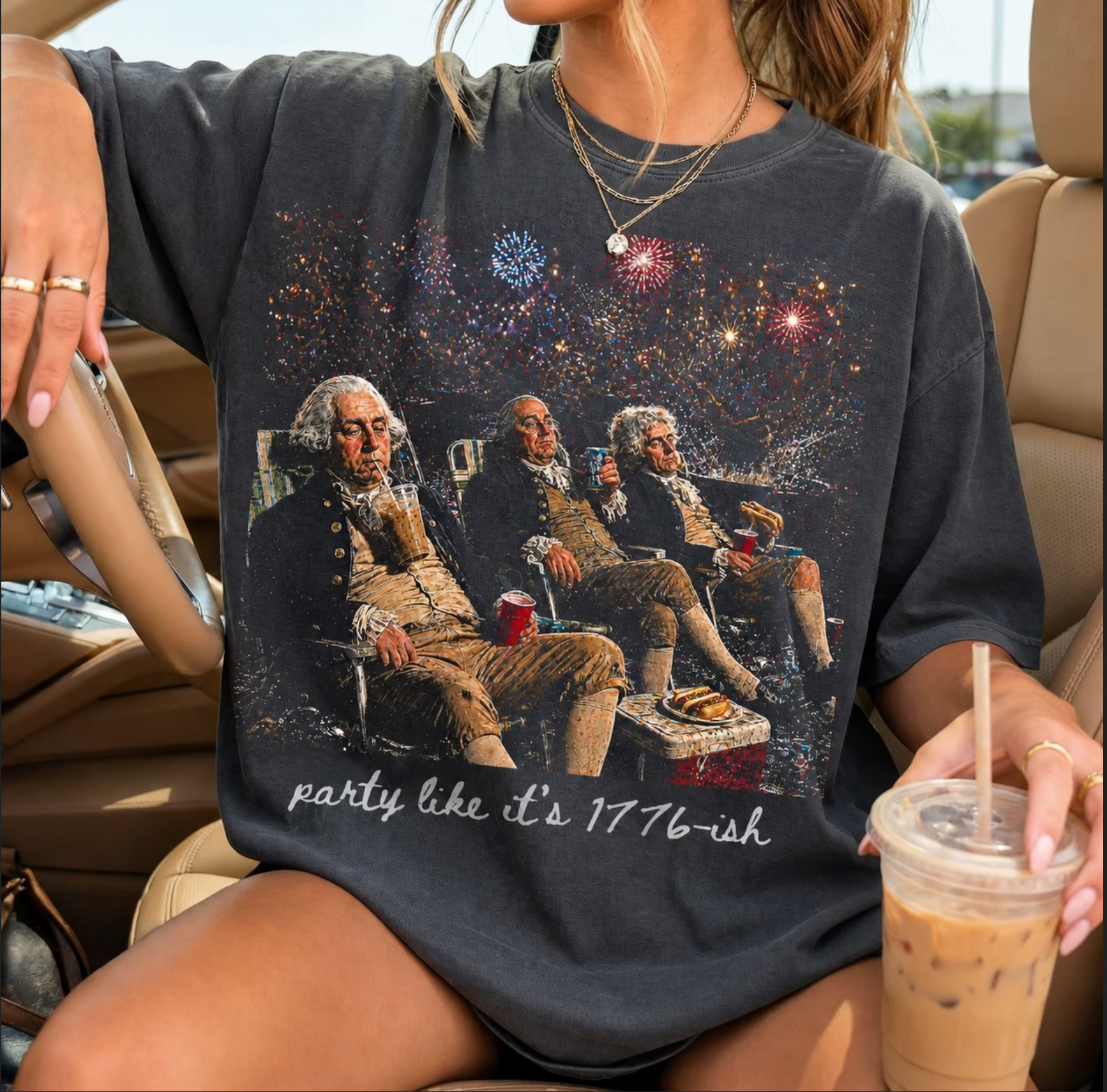 Dark vintage style t-shirt featuring founding fathers relaxing with fireworks and text “party like it’s 1776-ish”