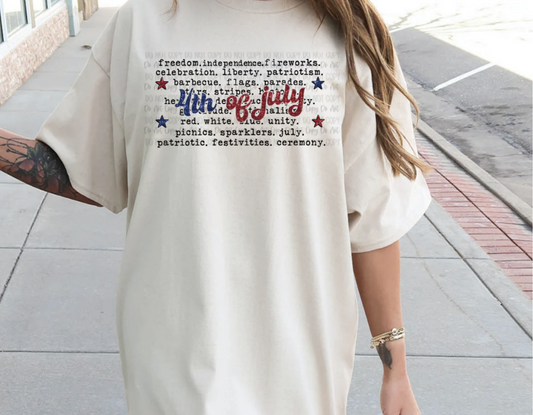4th of July word collage patriotic graphic tee with red white and blue stars on beige shirt
