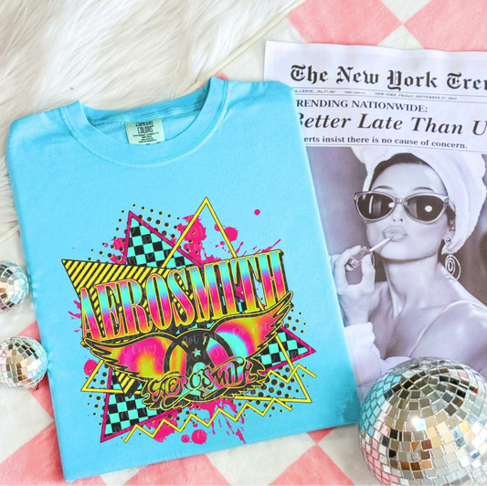 Aerosmith neon retro graphic tee in blue with bold logo and colorful vintage design
