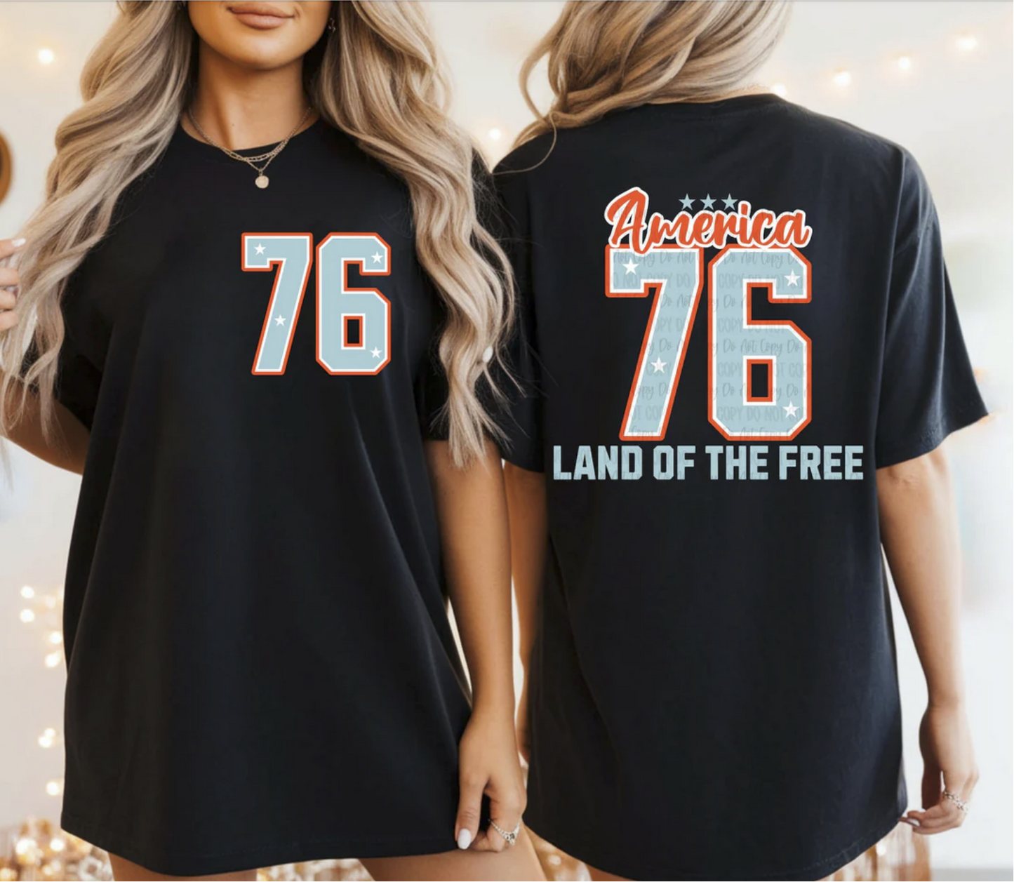 America 76 Land of the Free patriotic graphic tee in black with front and back print
