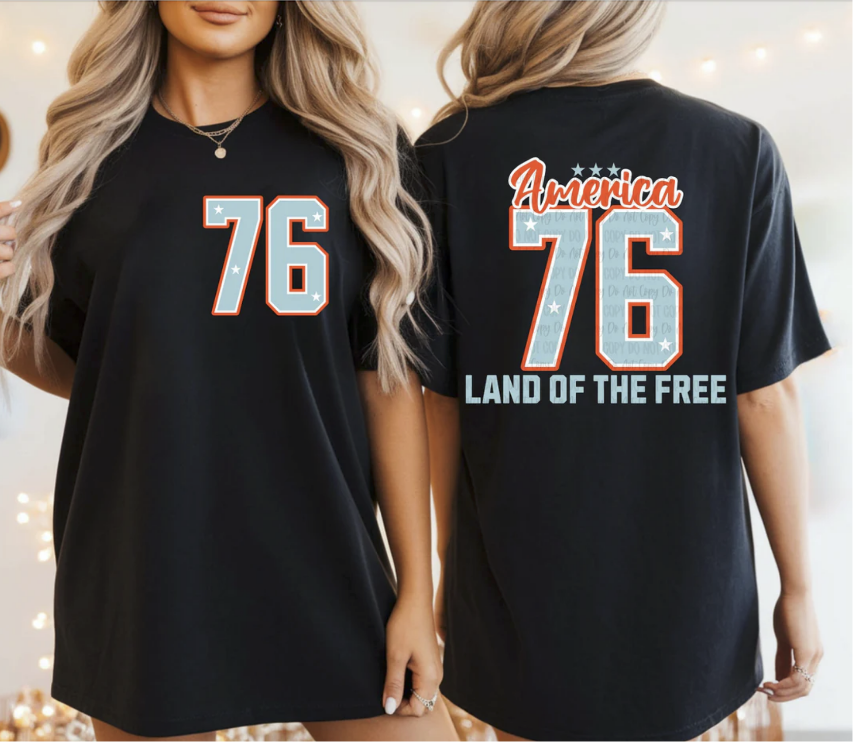 America 76 Land of the Free patriotic graphic tee in black with front and back print
