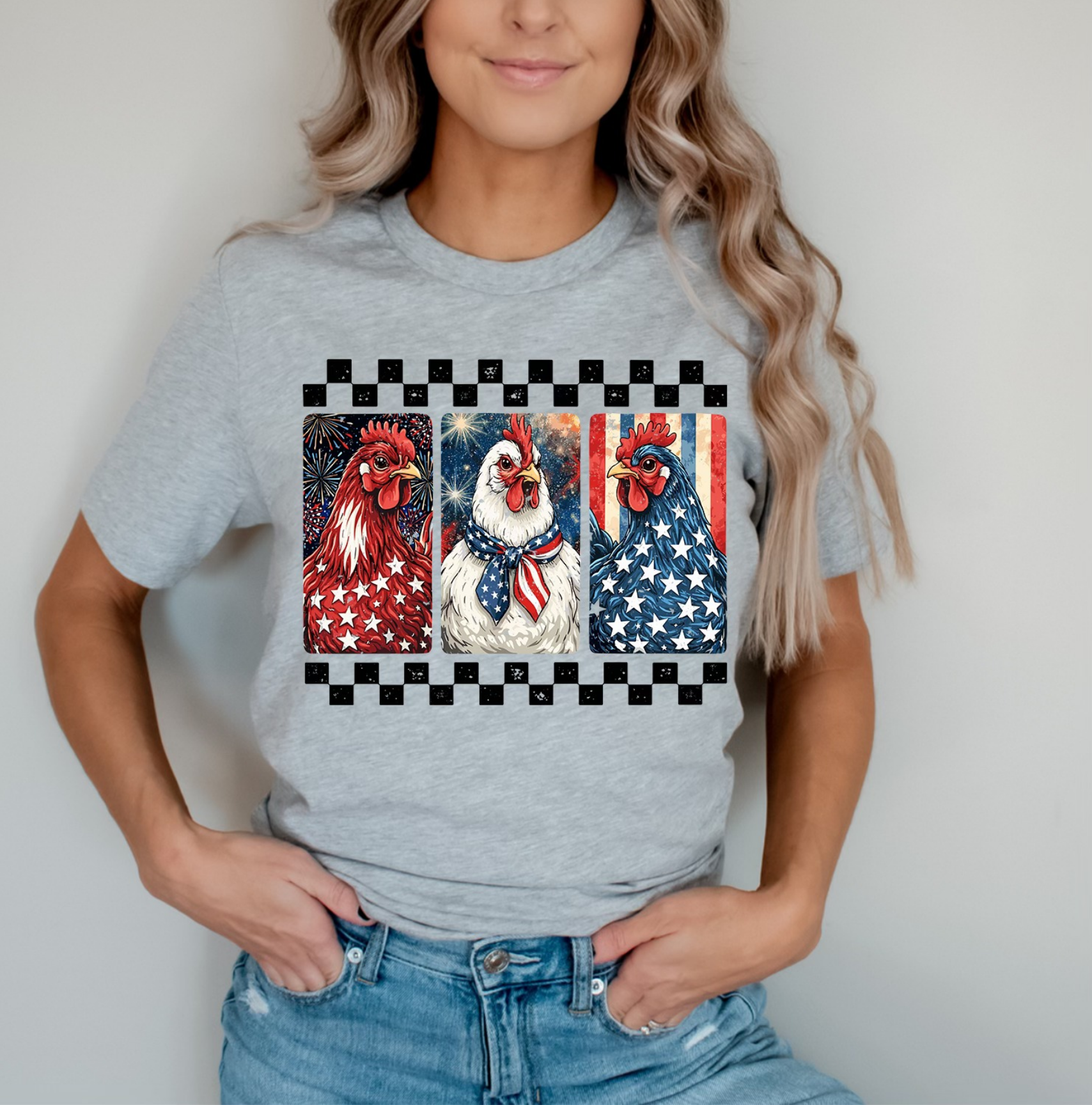 Gray graphic t-shirt featuring patriotic red white and blue chickens with Americana design for Fourth of July and farmhouse boutique fashion