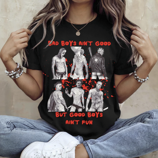 "Bad Boys Ain’t Good horror villains graphic t-shirt"

"Black Halloween tee with slasher movie icons"

"Scary movie inspired graphic shirt with bloody text"