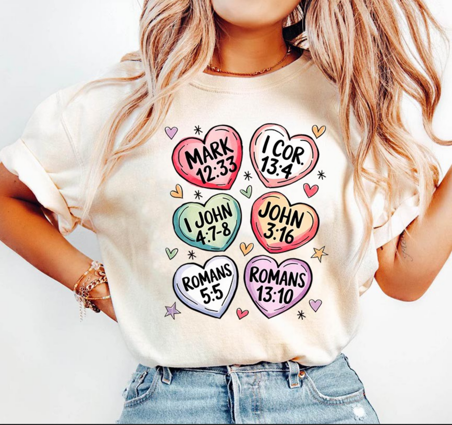 Christian Valentine shirt with colorful heart designs and Bible verse references
Bible verse hearts graphic tee with faith inspired artwork
Scripture love shirt styled casually for everyday wear
