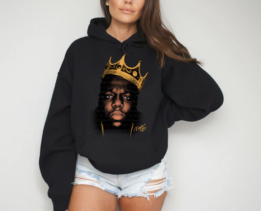 "Notorious B.I.G. crown hoodie hip hop graphic sweatshirt"

"Biggie Smalls King of Rap hoodie in black"

"Hip hop legend Biggie crown portrait hoodie"