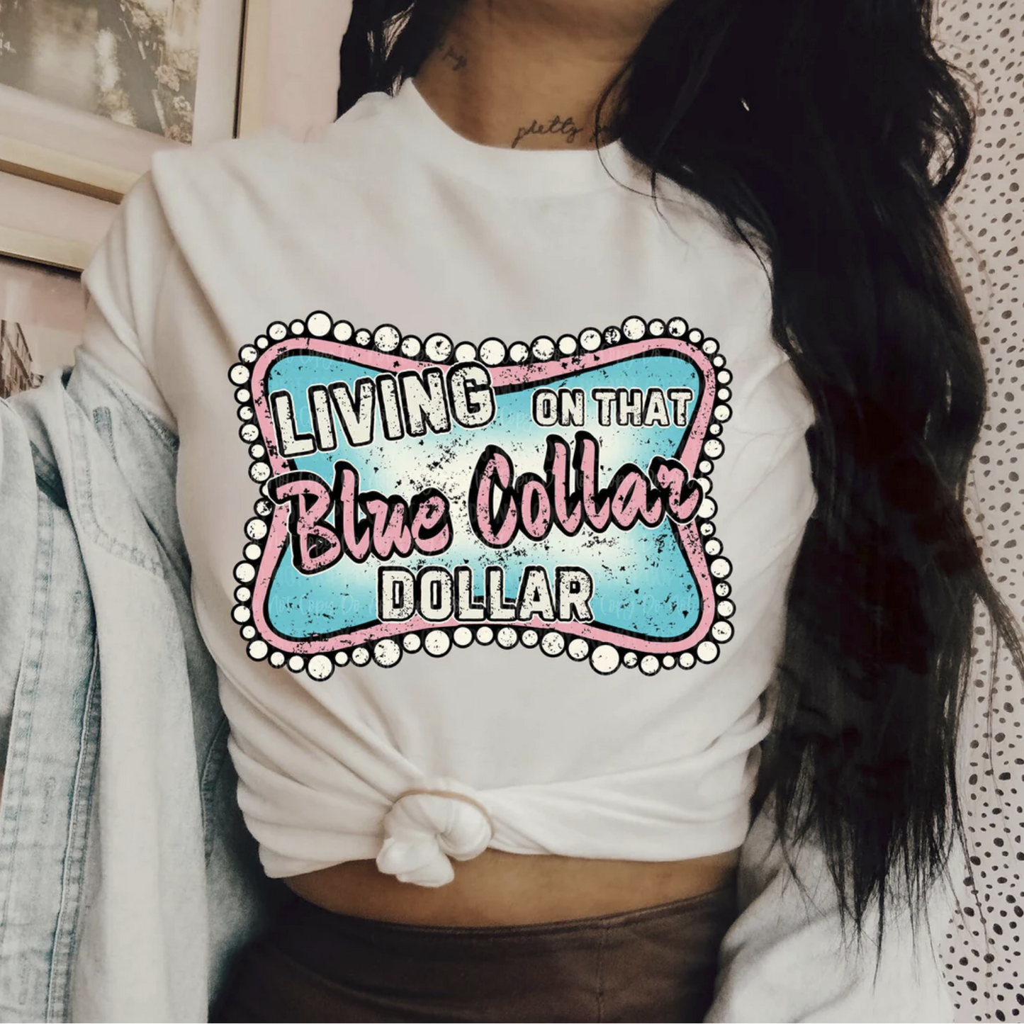 "Living on That Blue Collar Dollar graphic t-shirt"

"Retro western workwear tee in pink and blue print"

"Country lifestyle blue collar pride t-shirt"