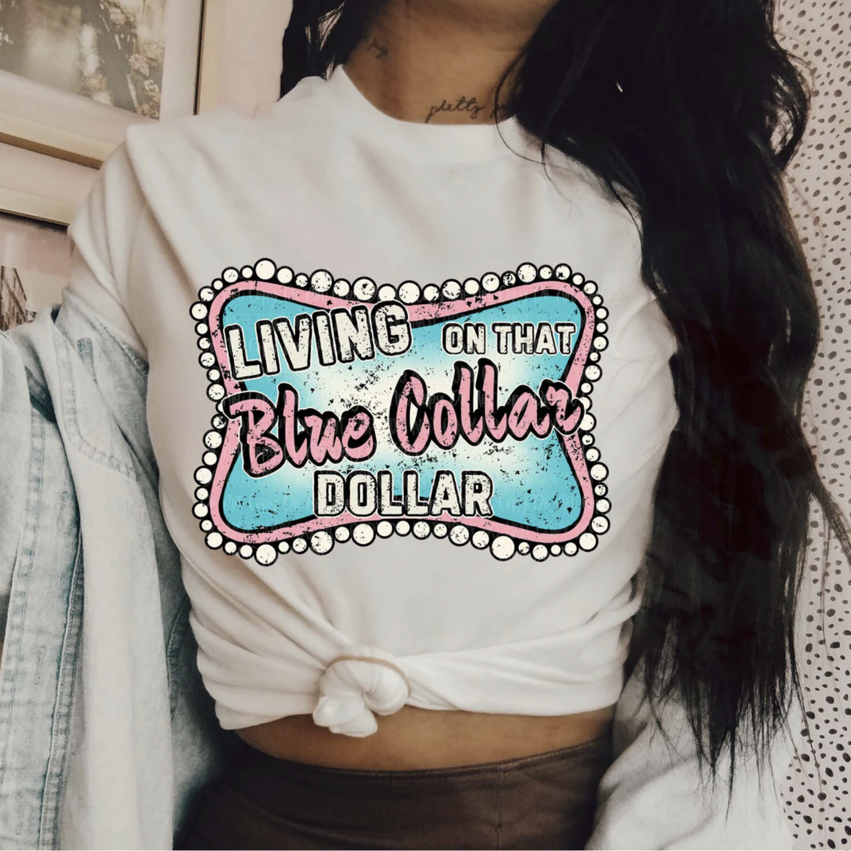 "Living on That Blue Collar Dollar graphic t-shirt"

"Retro western workwear tee in pink and blue print"

"Country lifestyle blue collar pride t-shirt"
