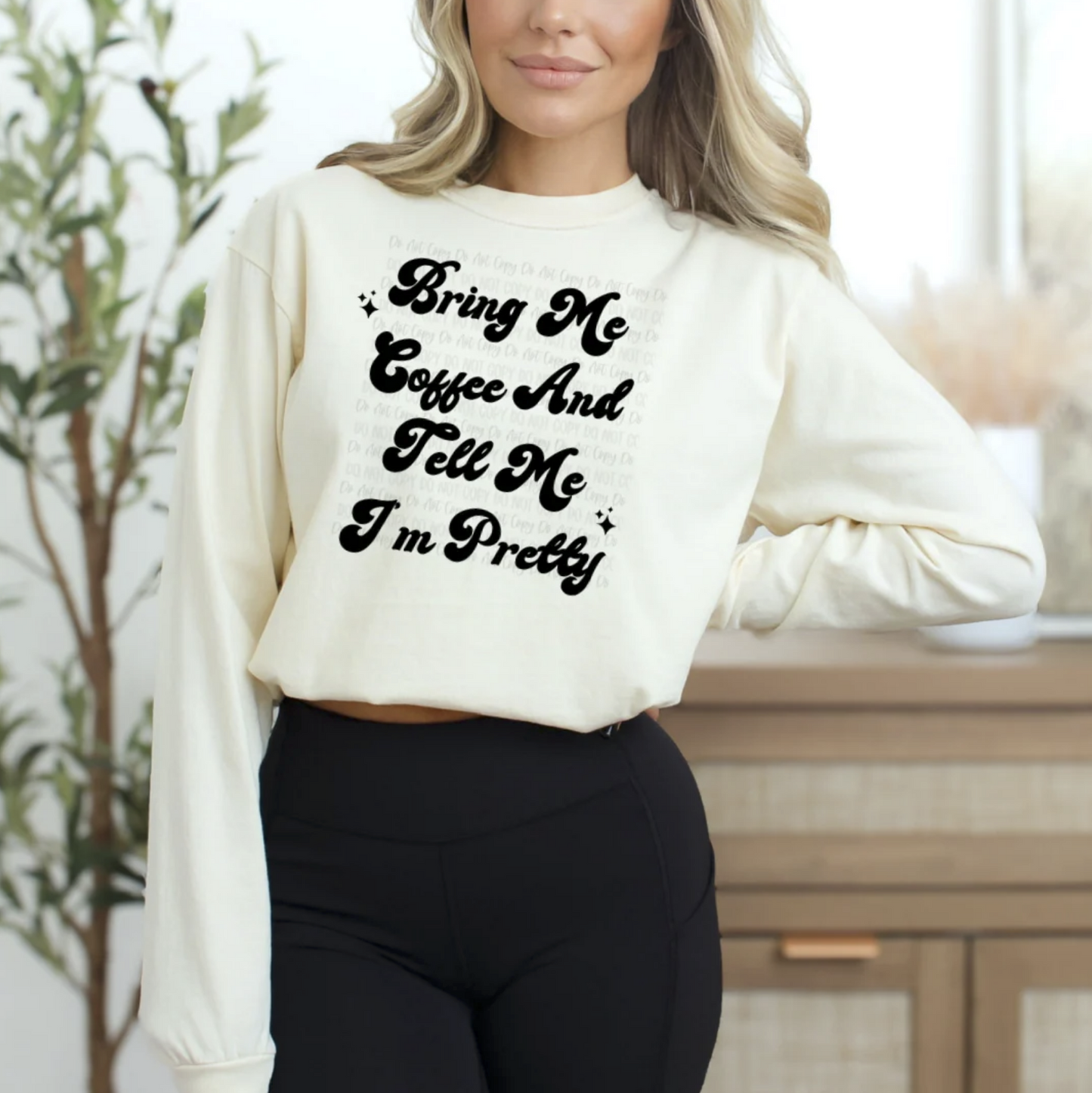 Beige t-shirt with bold black lettering “Bring Me Coffee and Tell Me I’m Pretty” – funny coffee lover graphic tee