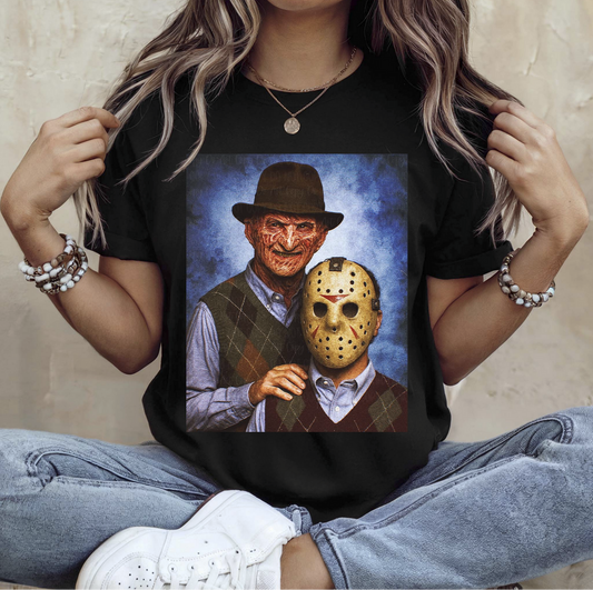Freddy Krueger and Jason Voorhees Horror Portrait Halloween Graphic Tee