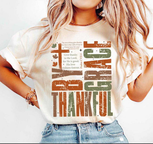 By Grace Thankful – Christian Bible Verse Fall Graphic Tee