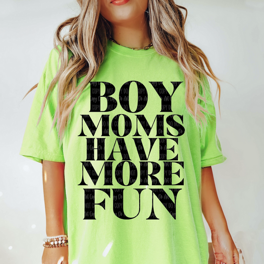 Neon green graphic tee with bold black text “Boy Moms Have More Fun” – $15 mom life t-shirt