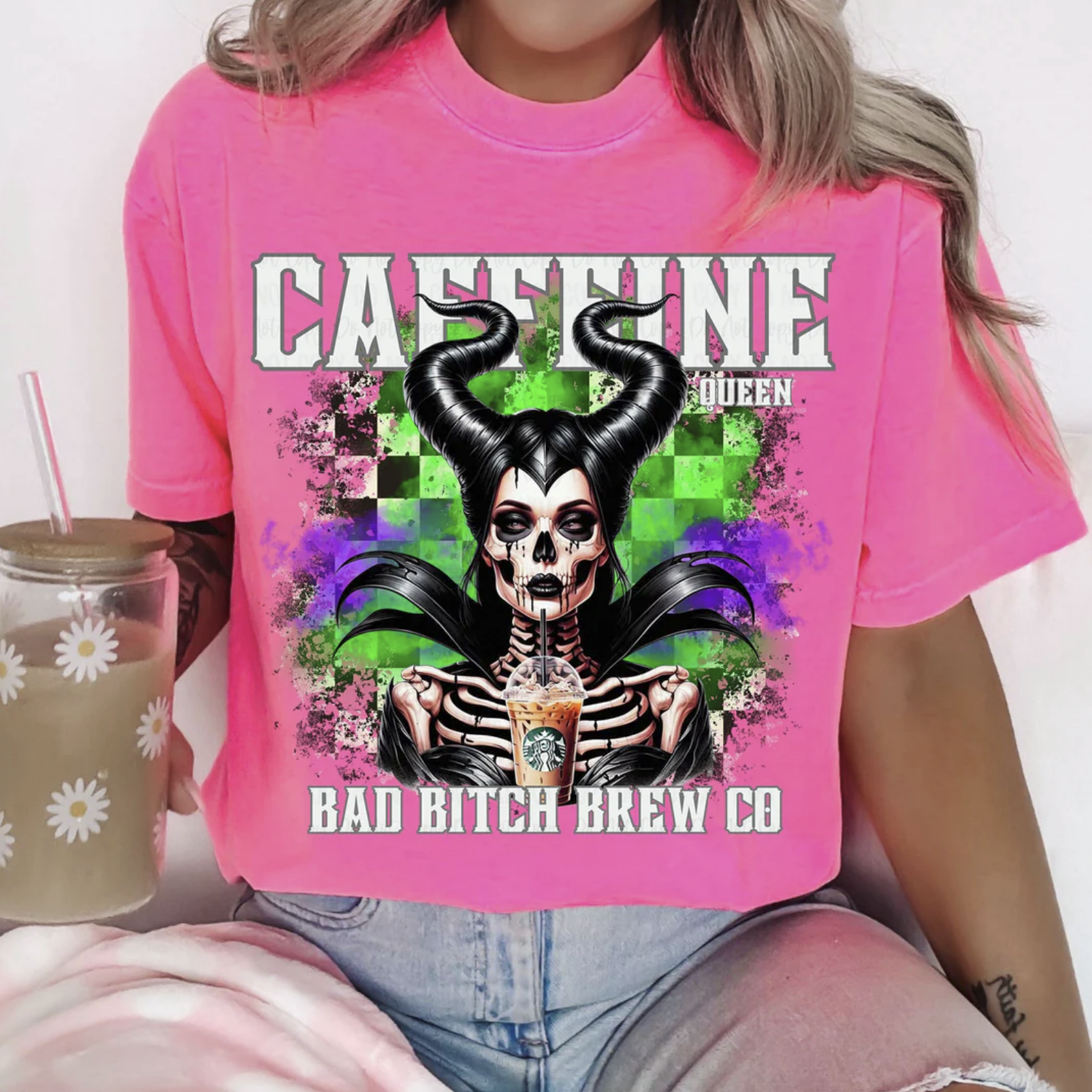 Caffeine Queen Bad Bitch Brew Co graphic tee with gothic skeleton queen and coffee on pink shirt
