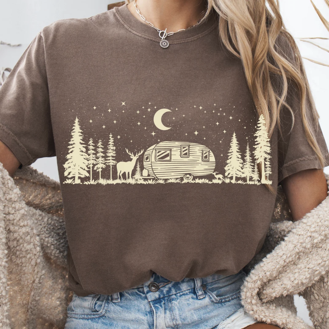 Camping Under the Stars Graphic Tee – Outdoors Adventure Shirt - $15 Tee Line