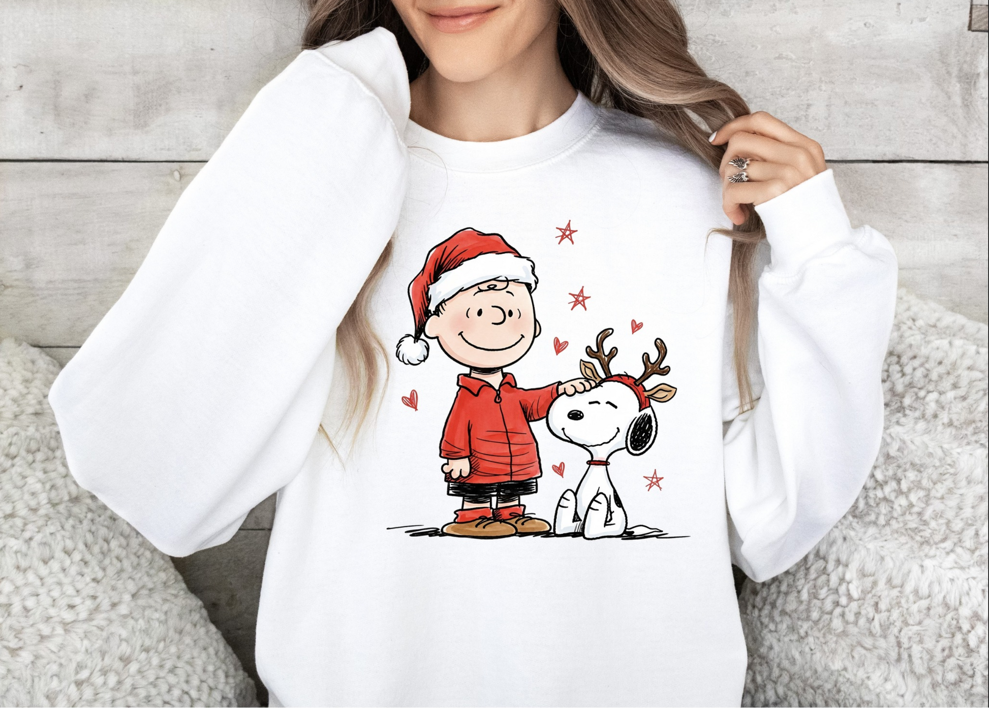 Woman wearing Christmas Friends sweatshirt with child and puppy holiday design

White cozy holiday crewneck with festive dog and boy art

Cute Christmas sweatshirt with winter friends illustration

Cozy unisex holiday pullover styled for winter