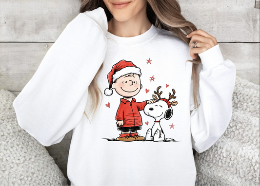 Woman wearing Christmas Friends sweatshirt with child and puppy holiday design

White cozy holiday crewneck with festive dog and boy art

Cute Christmas sweatshirt with winter friends illustration

Cozy unisex holiday pullover styled for winter