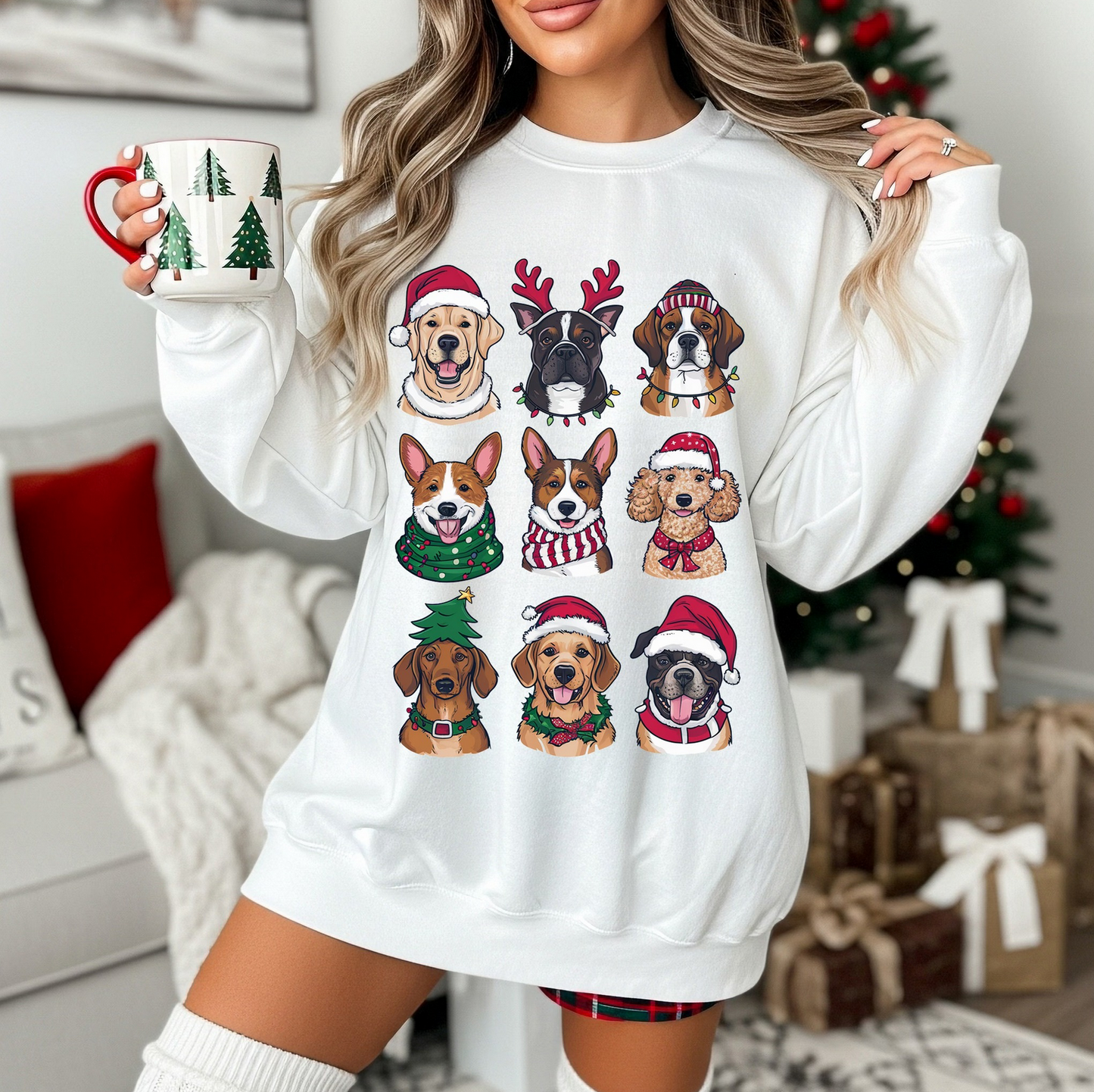 White sweatshirt with nine illustrated Christmas dogs in festive outfits.

Cozy holiday crewneck featuring cute cartoon dogs wearing scarves and Santa hats.

Christmas dog lover sweater with bright festive puppy illustrations.

Woman wearing Christmas puppy sweatshirt styled for winter holiday decor.