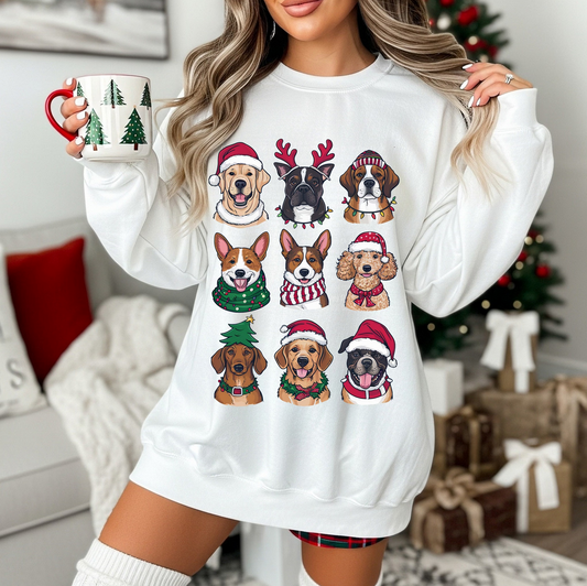 White sweatshirt with nine illustrated Christmas dogs in festive outfits.

Cozy holiday crewneck featuring cute cartoon dogs wearing scarves and Santa hats.

Christmas dog lover sweater with bright festive puppy illustrations.

Woman wearing Christmas puppy sweatshirt styled for winter holiday decor.