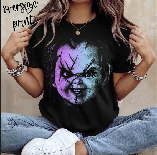Chucky Horror Graphic T-Shirt – black oversized Halloween tee with creepy doll face design