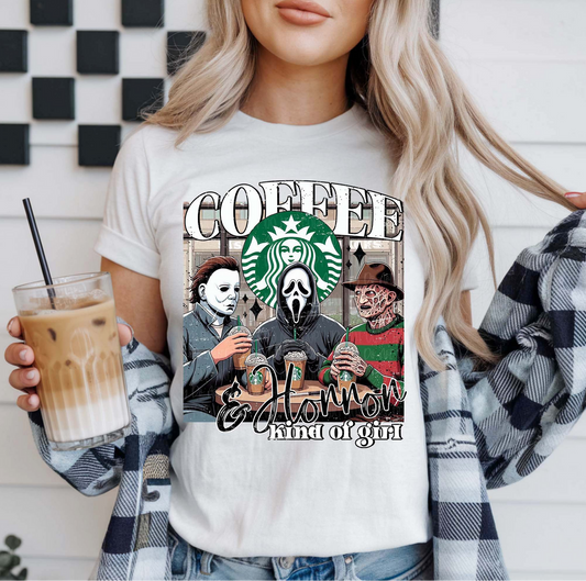 "Coffee and Horror Kinda Girl t-shirt with Michael Myers Ghostface Freddy"

"Funny horror slasher villains drinking coffee graphic tee"

"Halloween coffee lover parody unisex t-shirt"