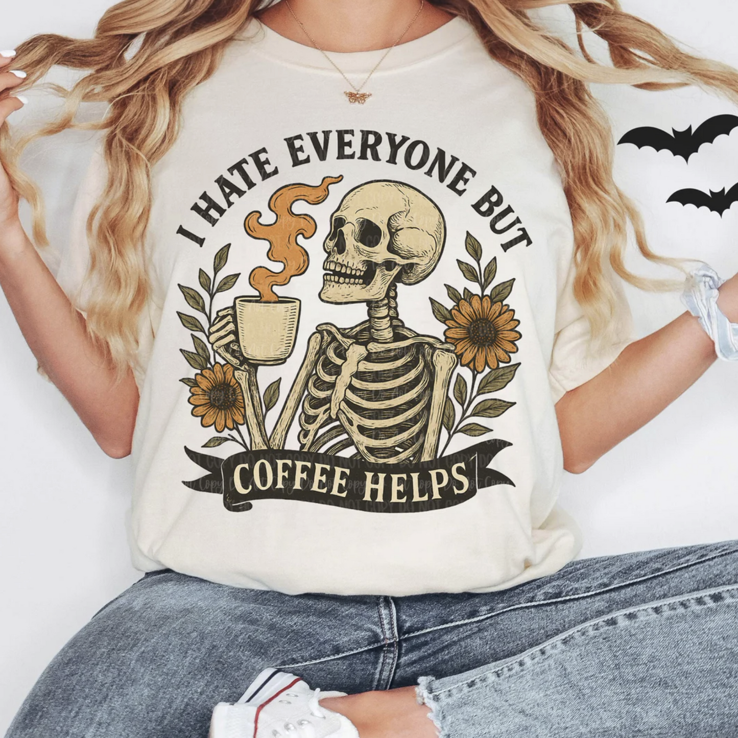 "I Hate Everyone But Coffee Helps skeleton graphic t-shirt"

"Funny coffee lover tee with skeleton and sunflowers"

"Sarcastic spooky coffee graphic shirt unisex"