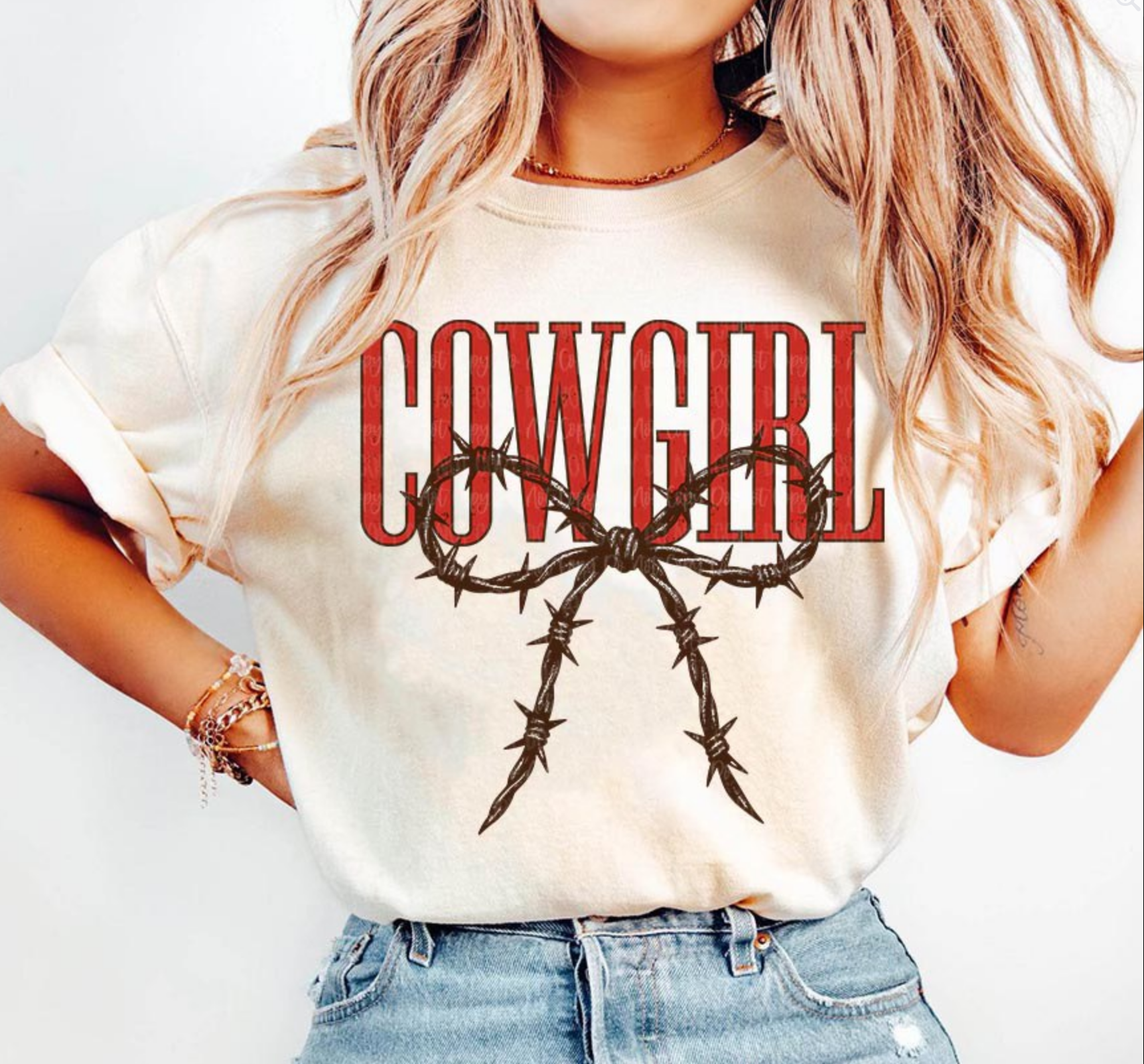 Cowgirl barbed wire bow graphic tee in natural beige western style shirt
