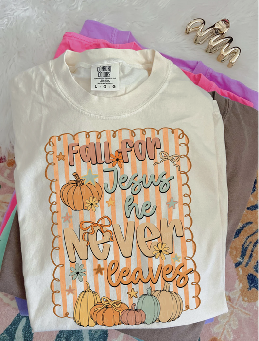 Fall for Jesus He Never Leaves Christian T-Shirt – fall pumpkin and leaves graphic faith tee