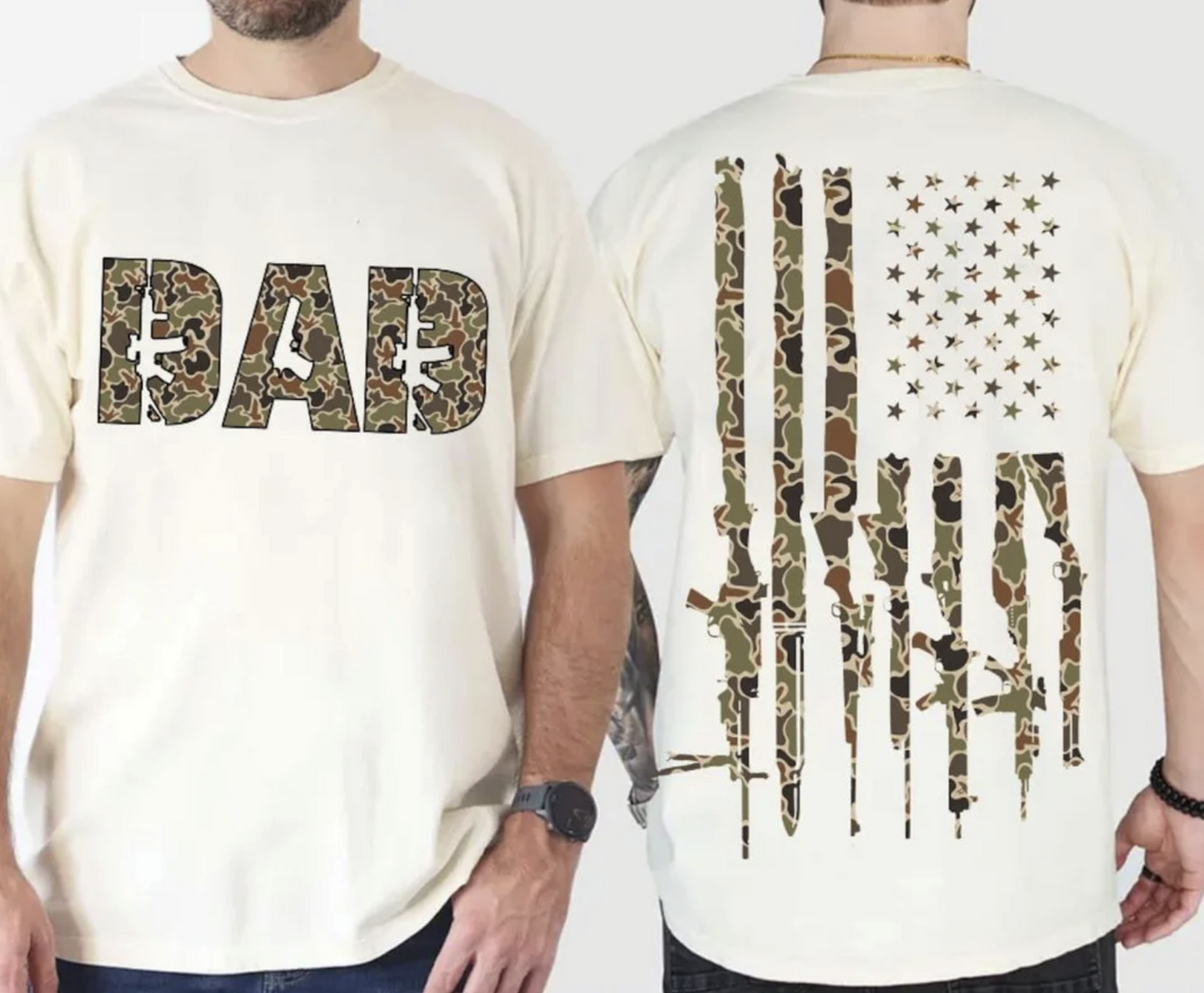Cream Camo Dad American Flag t-shirt with “DAD” camo print on front and distressed camouflage American flag design on back, modeled by men.