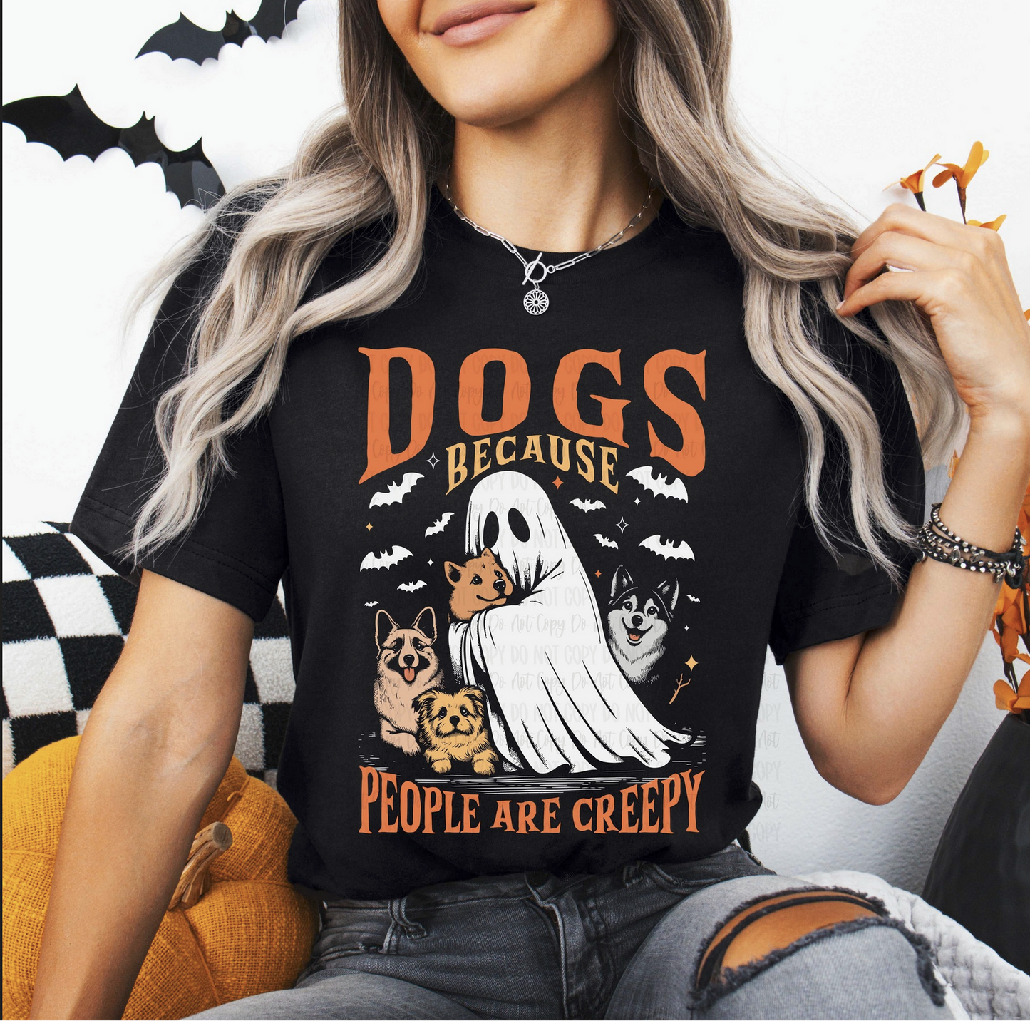 “Black Halloween shirt with Dogs Because People Are Creepy ghost dog graphic”

“Funny dog lover Halloween tee with ghost costume design”

“Spooky season dog shirt with pumpkins and bats”