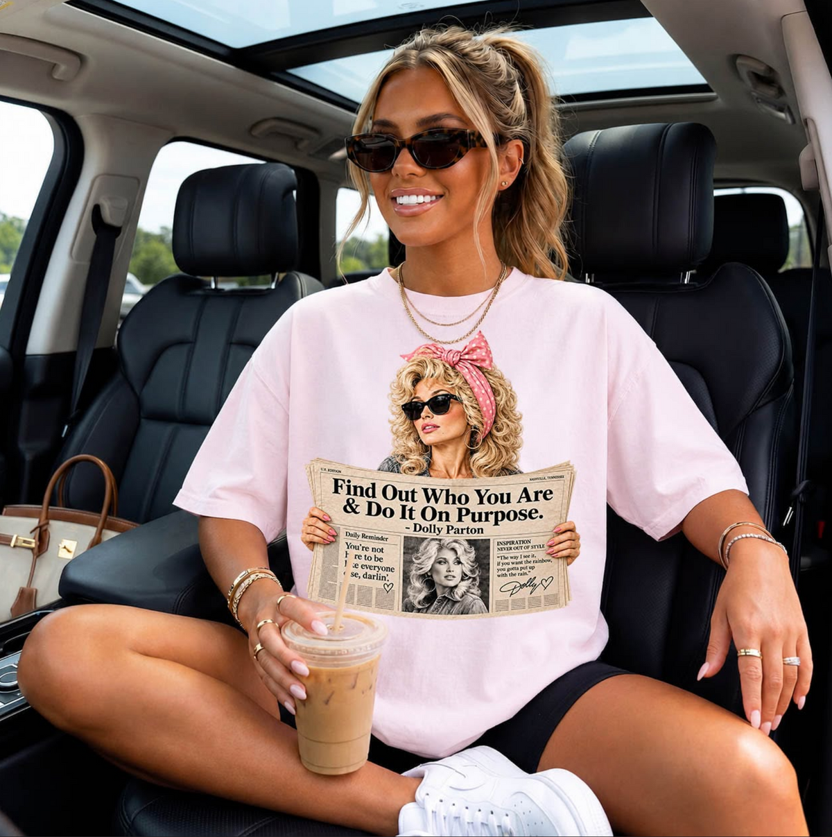 Model wearing a light pink graphic T-shirt featuring Dolly Parton holding a vintage-style newspaper with the quote Find Out Who You Are and Do It on Purpose.