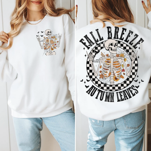 Fall Breeze Autumn Leaves Skeleton Sweatshirt – cozy Halloween pullover with skeleton fall design