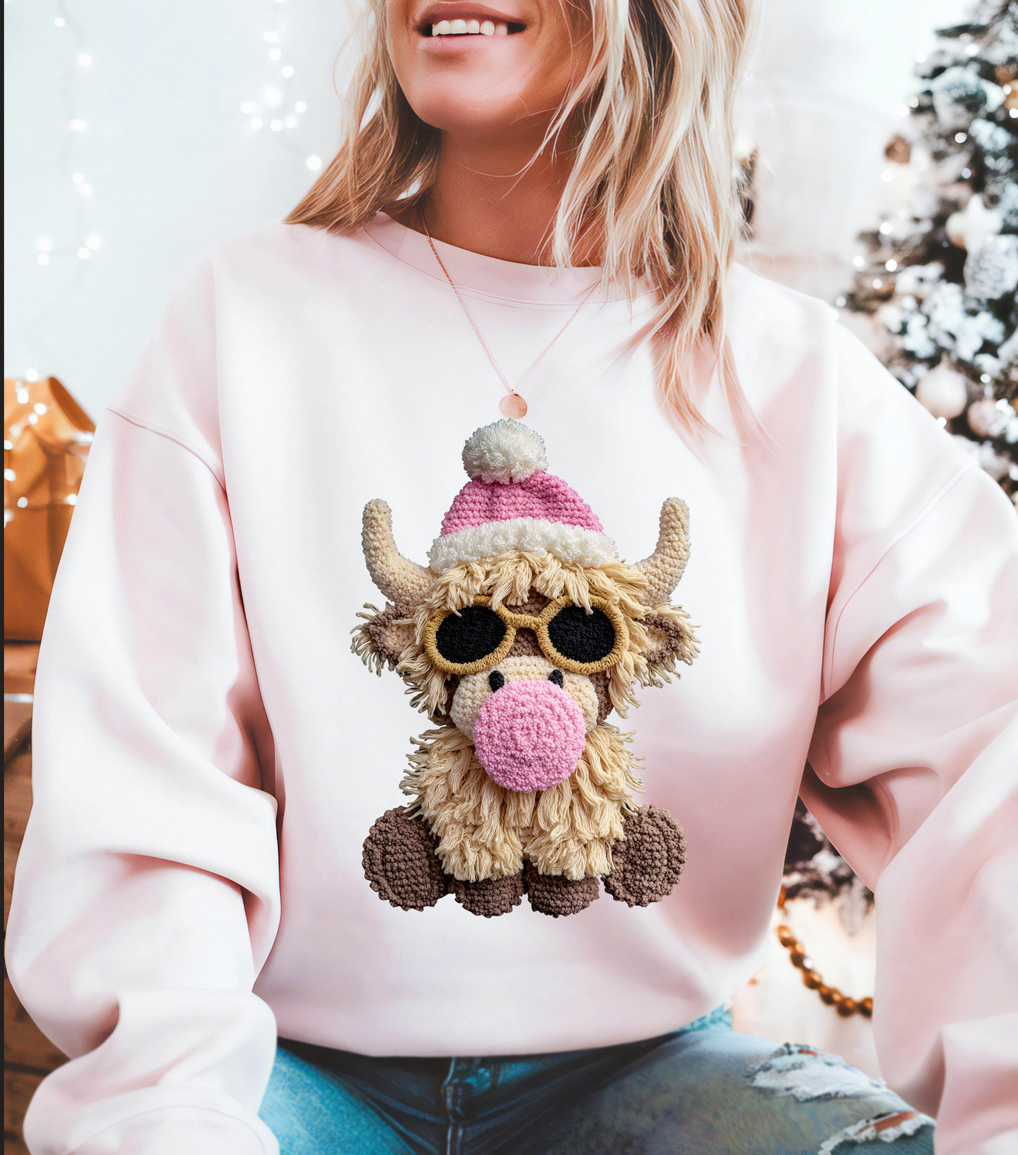 Pink sweatshirt featuring plush-style Highland cow in winter hat and sunglasses.

Cozy Christmas sweatshirt with cute Highland cow design.

Woman wearing festive plush cow Christmas crewneck.

Soft winter sweatshirt with adorable cow graphic.