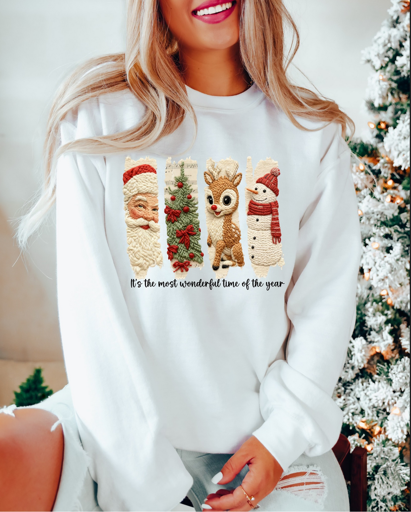 Woman wearing white sweatshirt with reindeer, tree, and snowman design

Cozy Christmas sweatshirt with festive holiday lineup

White holiday crewneck perfect for winter mornings

Cute festive pullover styled for cozy gift giving