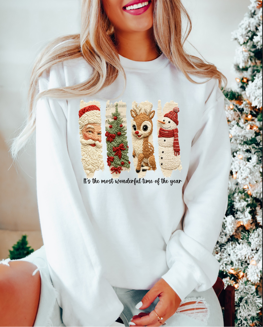Woman wearing white sweatshirt with reindeer, tree, and snowman design

Cozy Christmas sweatshirt with festive holiday lineup

White holiday crewneck perfect for winter mornings

Cute festive pullover styled for cozy gift giving