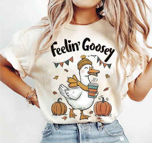 Cream Feelin’ Goosey t-shirt with a goose in scarf and beanie holding coffee, surrounded by pumpkins and fall leaves, worn casually with denim shorts.