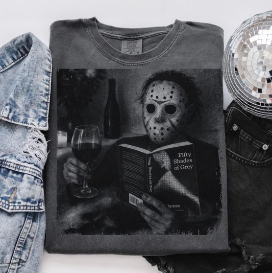 "Jason Voorhees reading Fifty Shades of Grey funny parody t-shirt"

"Horror comedy graphic tee with Jason and wine glass"

"Funny Halloween parody Jason Voorhees shirt"