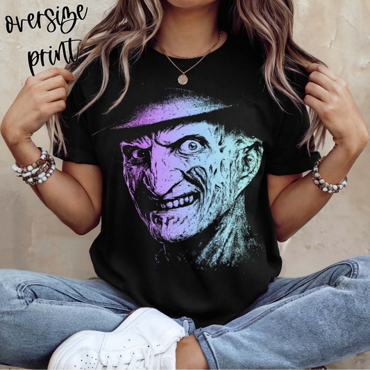Freddy Krueger Horror Graphic T-Shirt – oversized scary movie Halloween tee with villain face print