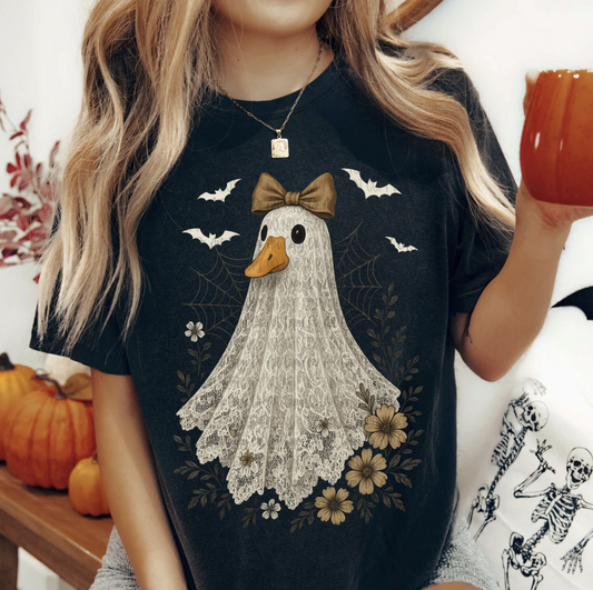 Ghost duck lace Halloween graphic tee with bow, bats, and flowers on black shirt
