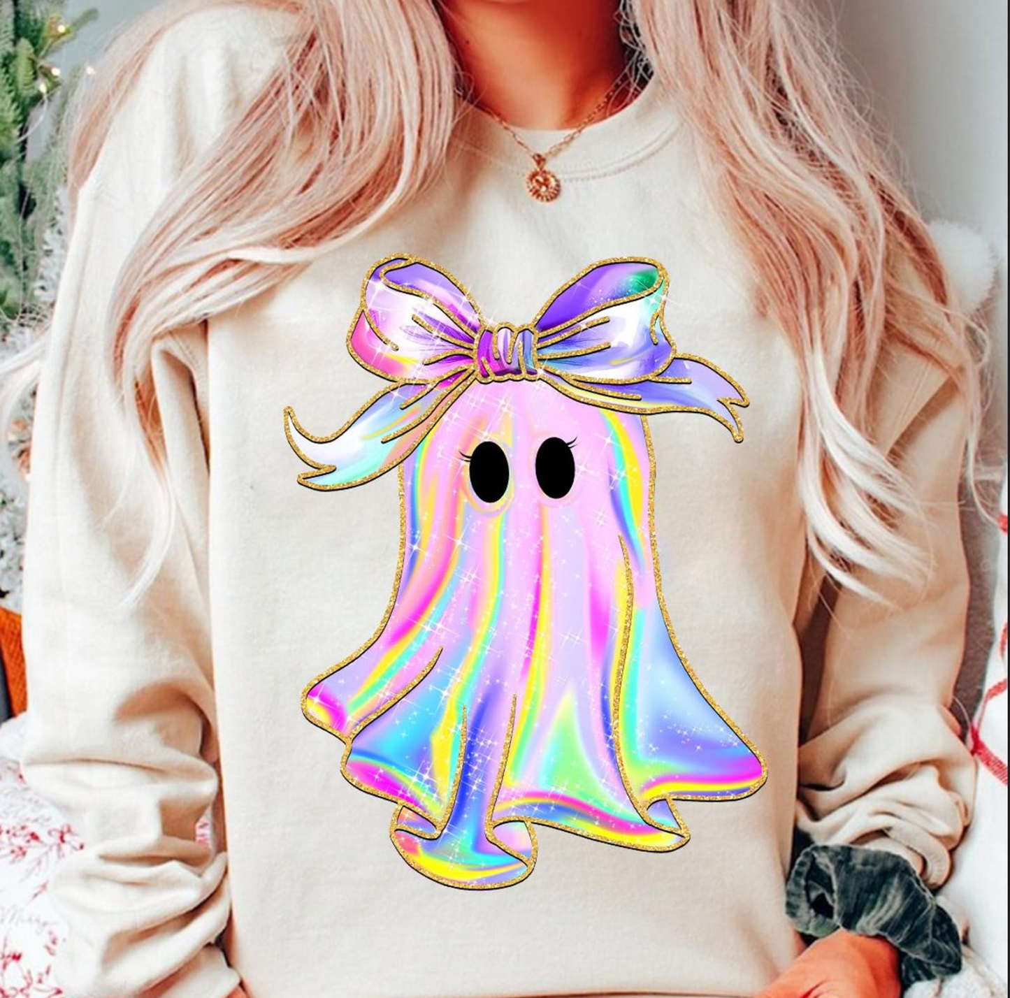 Pastel rainbow ghost with big bow graphic sweatshirt in beige for cute spooky Halloween style
