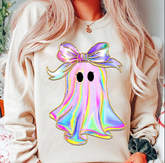 Pastel rainbow ghost with big bow graphic sweatshirt in beige for cute spooky Halloween style
