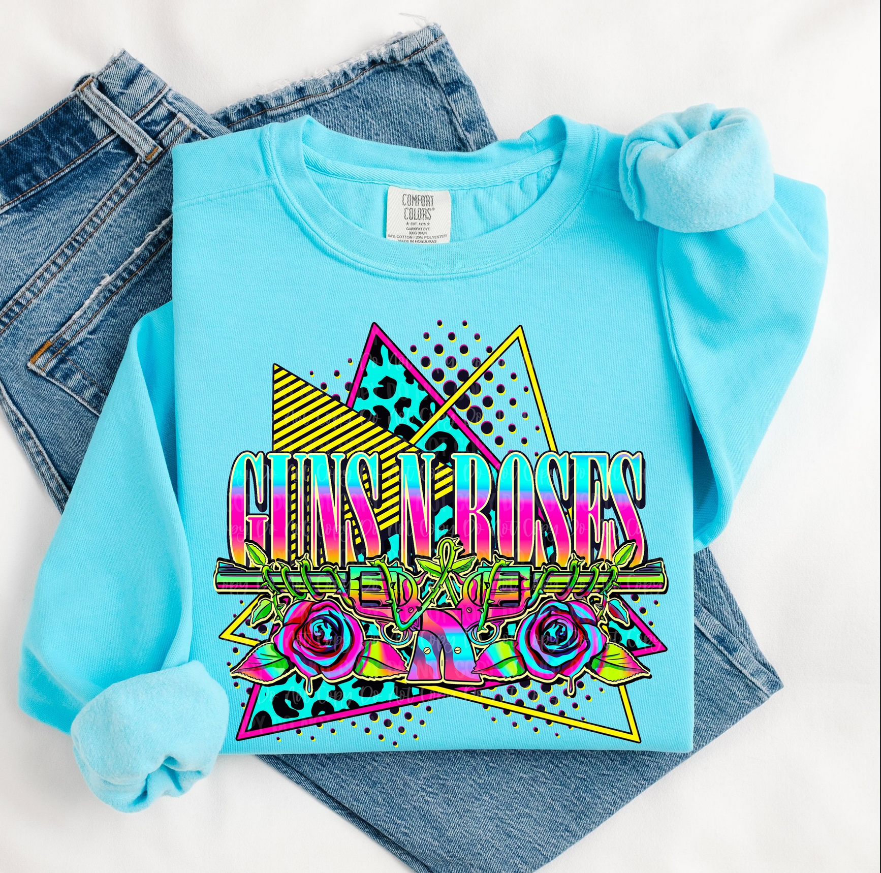 Guns N Roses neon retro graphic sweatshirt in blue with roses and geometric design
