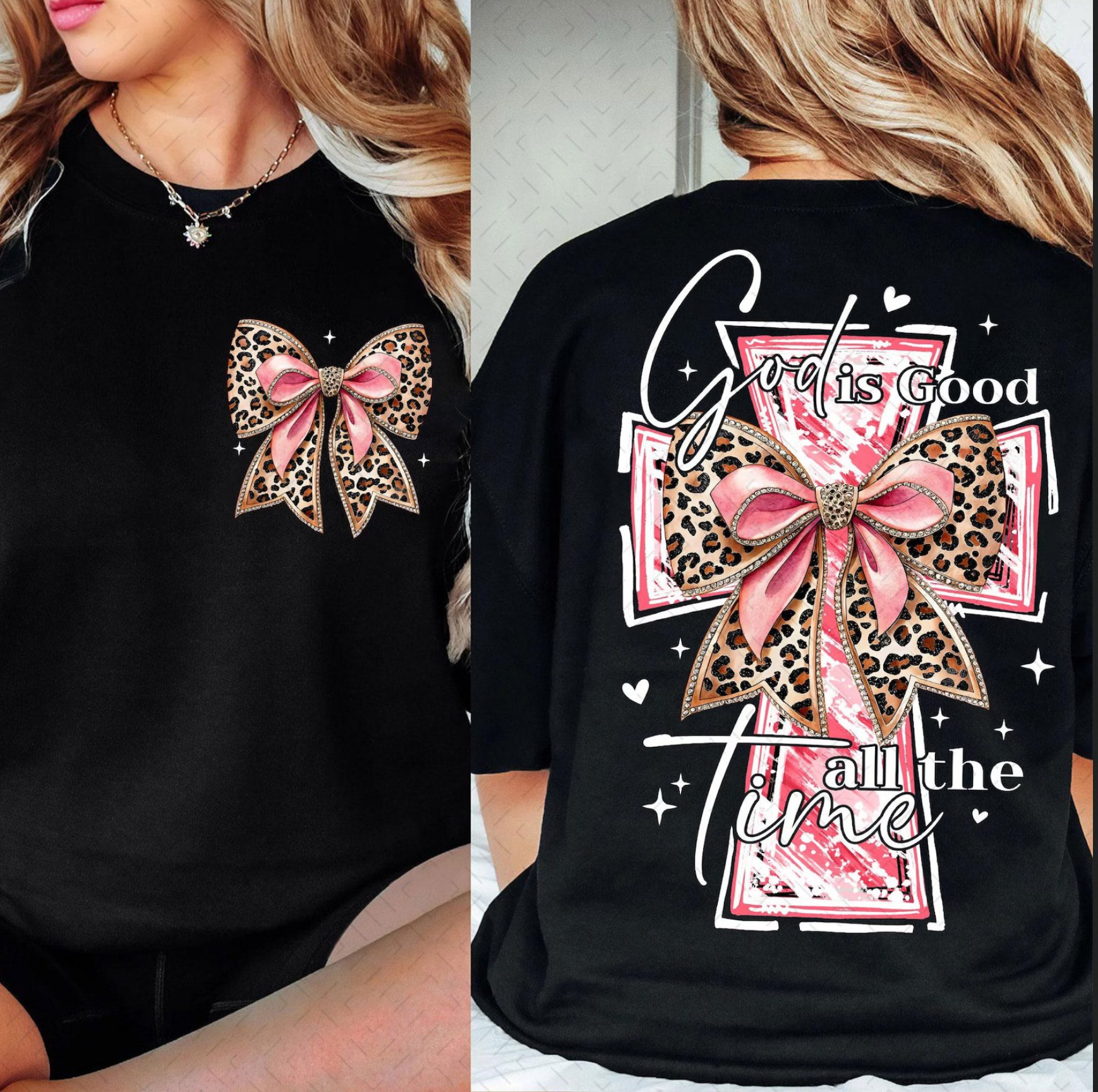 God Is Good All the Time graphic tee with leopard bow cross design on black shirt
