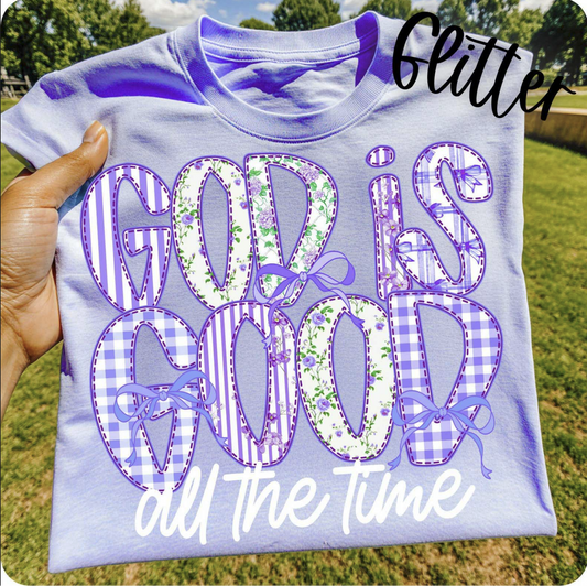 “Lavender t-shirt with glitter God Is Good All The Time Christian graphic”

“Purple plaid and floral faith tee with glitter design”

“Christian graphic tee with God Is Good quote”