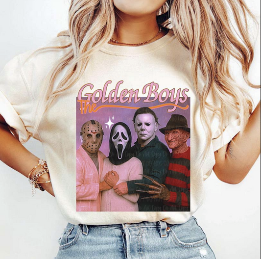 "Golden Boys horror movie t-shirt with Jason Ghostface Michael Myers Freddy Krueger"

"Retro Halloween slasher villains graphic tee"

"Funny horror icons Golden Girls parody shirt"