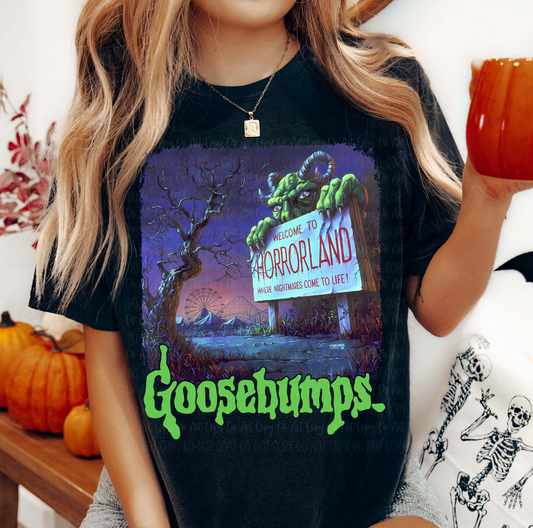 Goosebumps Horrorland graphic tee in black with vintage horror design

